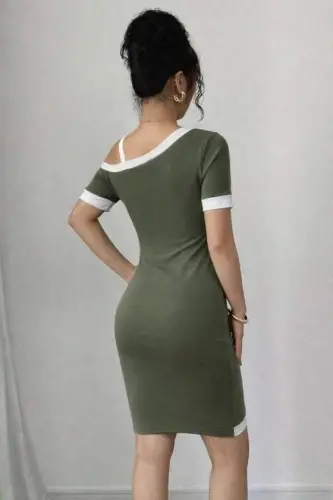 Women's Short Sleeve Asymmetric Cut Neck Striped And Accessory Detailed Modal Dress - 4