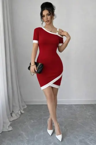 Women's Short Sleeve Asymmetric Cut Neck Striped And Accessory Detailed Modal Dress - 3