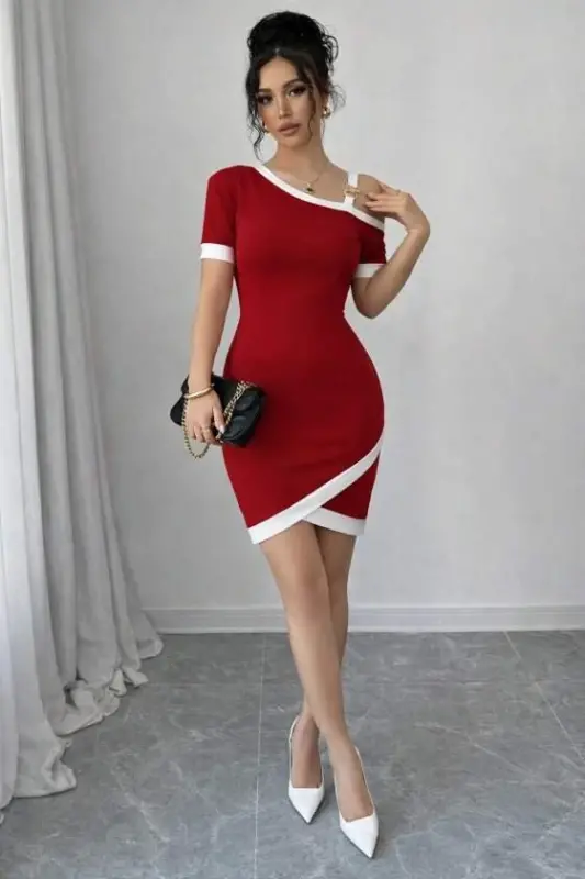 Women's Short Sleeve Asymmetric Cut Neck Striped And Accessory Detailed Modal Dress - 3