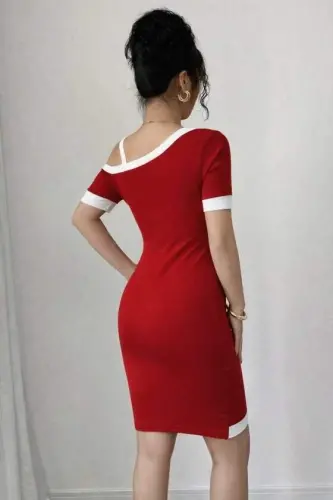 Women's Short Sleeve Asymmetric Cut Neck Striped And Accessory Detailed Modal Dress - 4