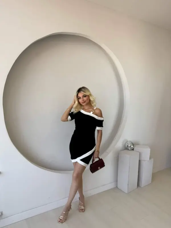 Women's Short Sleeve Asymmetric Cut Neck Trim and Accessory Detailed Modal Dress - 2