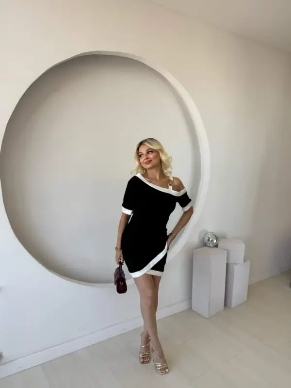 Women's Short Sleeve Asymmetric Cut Neck Trim and Accessory Detailed Modal Dress - 4