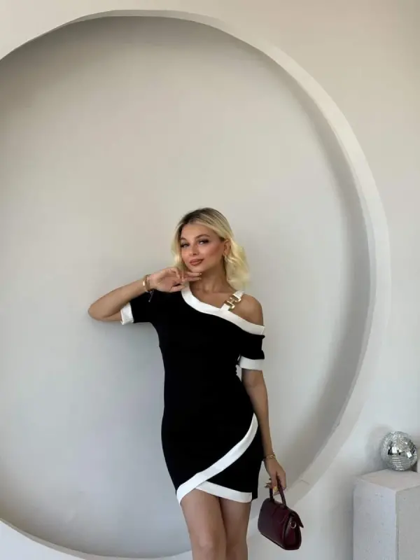 Women's Short Sleeve Asymmetric Cut Neck Trim and Accessory Detailed Modal Dress - 6