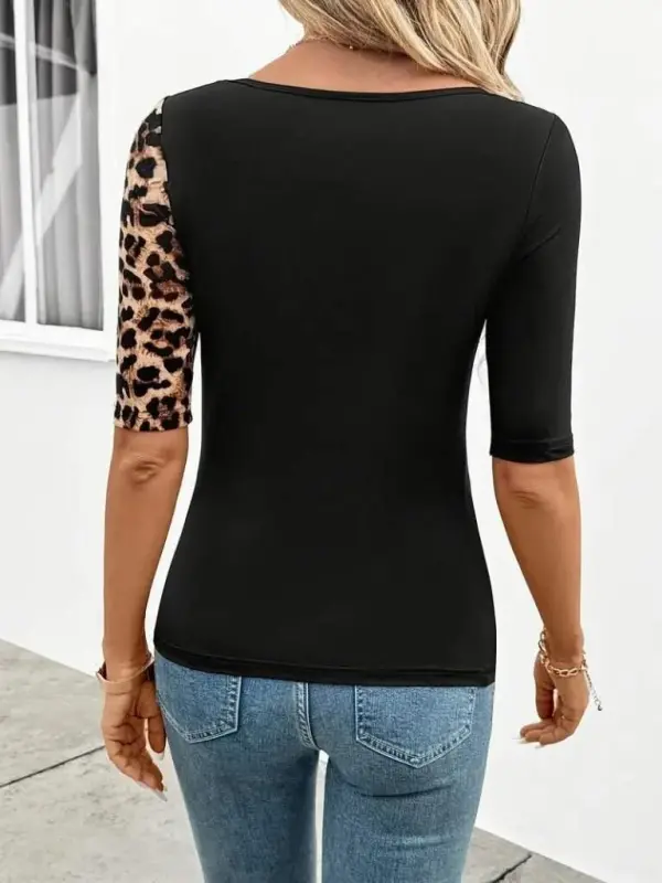 Women's Short Sleeve Asymmetric Cut V-Detail Leopard Print Viscose Blouse - 4