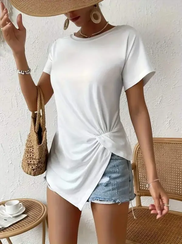Women's Short Sleeve Asymmetric Cut Waist Gather Knot Detail Viscose Blouse - 1