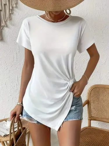 Women's Short Sleeve Asymmetric Cut Waist Gather Knot Detail Viscose Blouse - 5