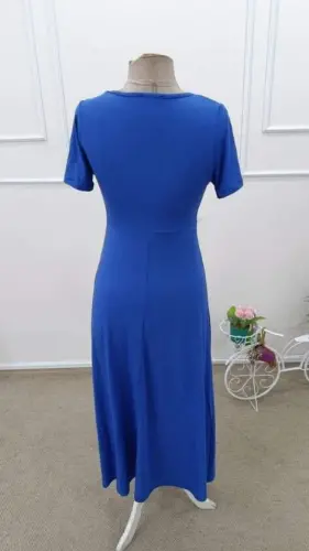 Women's Short Sleeve Asymmetric Neck Button Detail Midi Viscose Dress - 5