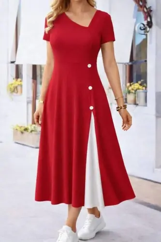 Women's Short Sleeve Asymmetric Neck Button Detail Midi Viscose Dress - 1