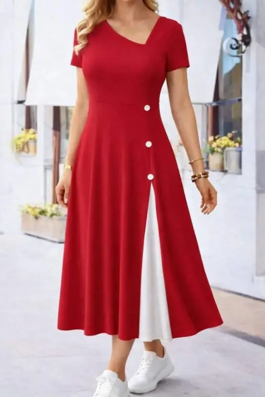 Women's Short Sleeve Asymmetric Neck Button Detail Midi Viscose Dress - BÜYÜKBEDENIZ