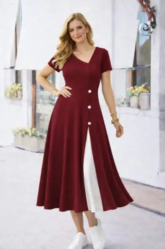 Women's Short Sleeve Asymmetric Neck Button Detail Midi Viscose Dress - 3