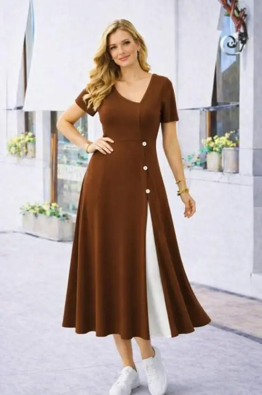 Women's Short Sleeve Asymmetric Neck Button Detail Midi Viscose Dress - 3