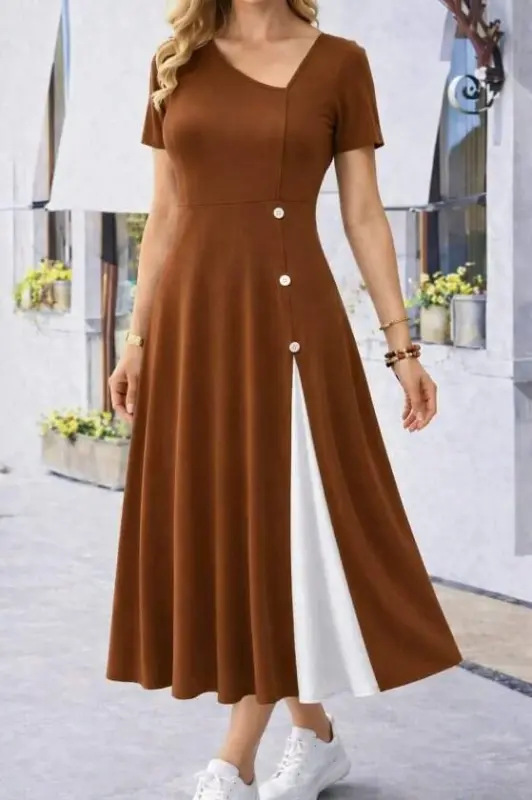Women's Short Sleeve Asymmetric Neck Button Detail Midi Viscose Dress - 4