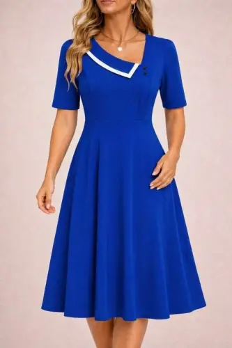 Women's Short Sleeve Asymmetric Neck Detail Midi Shimmer Crepe Dress - 1