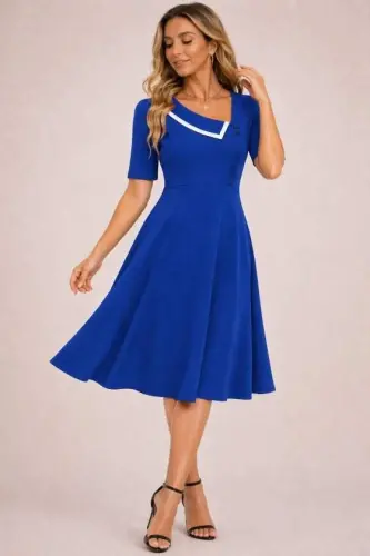 Women's Short Sleeve Asymmetric Neck Detail Midi Shimmer Crepe Dress - 2