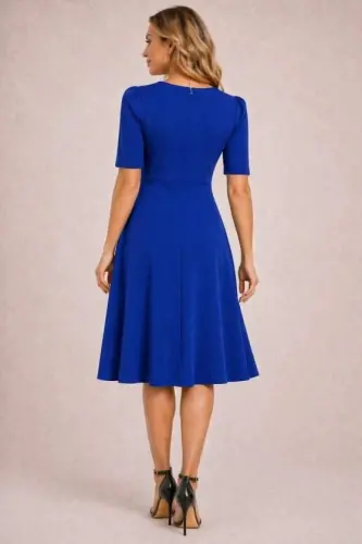 Women's Short Sleeve Asymmetric Neck Detail Midi Shimmer Crepe Dress - 3
