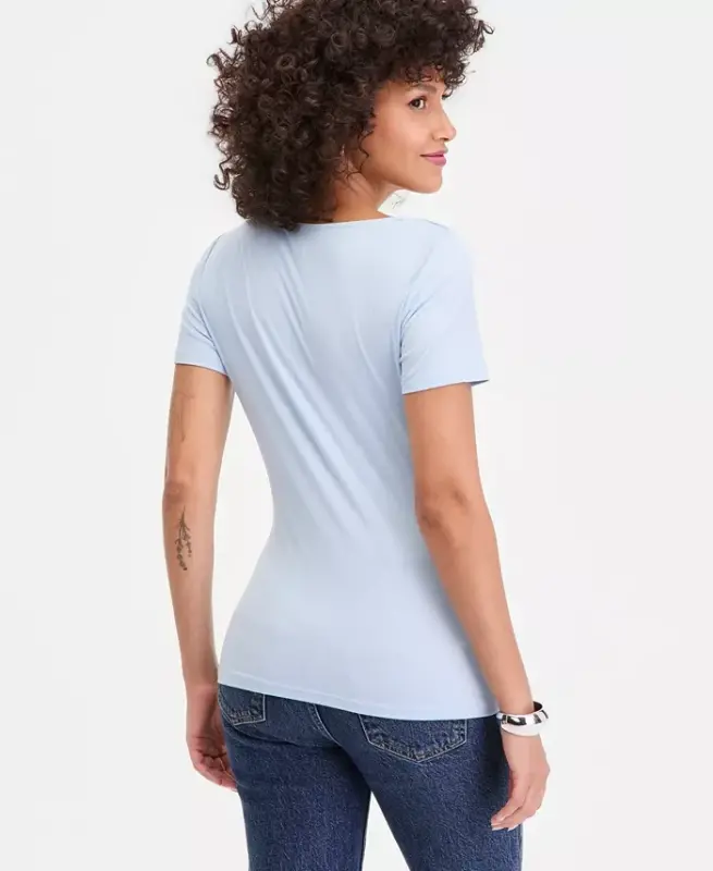 Women's Short Sleeve Asymmetric-Neck Top, Exclusively at Modazone - Bliss Blue - 3