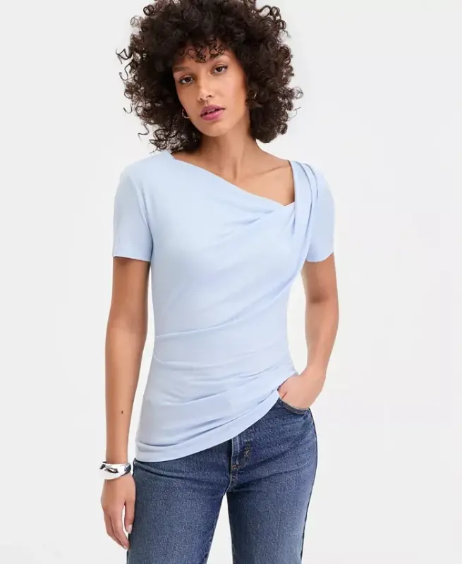 Women's Short Sleeve Asymmetric-Neck Top, Exclusively at Modazone - Bliss Blue - I.N.C. INTERNATIONAL CONCEPTS