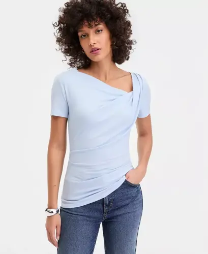 Women's Short Sleeve Asymmetric-Neck Top, Exclusively at Modazone - Bliss Blue 