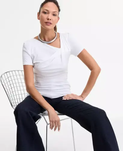 Women's Short Sleeve Asymmetric-Neck Top, Exclusively at Modazone - Bright Whi 