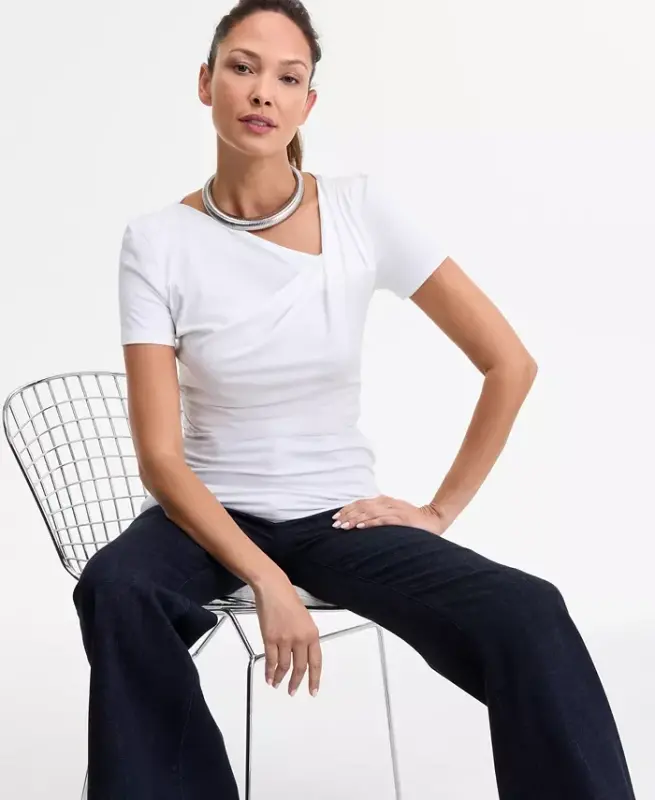 Women's Short Sleeve Asymmetric-Neck Top, Exclusively at Modazone - Bright Whi - 1