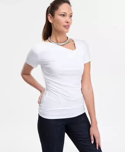 Women's Short Sleeve Asymmetric-Neck Top, Exclusively at Modazone - Bright Whi - 2