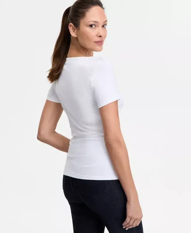 Women's Short Sleeve Asymmetric-Neck Top, Exclusively at Modazone - Bright Whi - 3