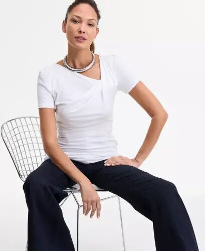 Women's Short Sleeve Asymmetric-Neck Top, Exclusively at Modazone - Bright Whi - I.N.C. International Concepts (1)