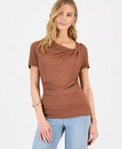 Women's Short Sleeve Asymmetric-Neck Top, Exclusively at Modazone - Copper Moon 