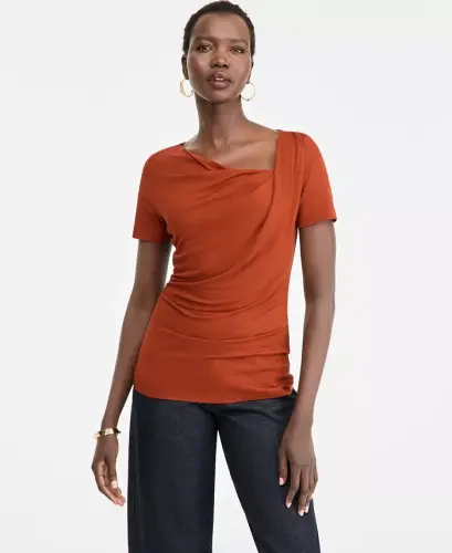 Women's Short Sleeve Asymmetric-Neck Top, Exclusively at Modazone - Copper Rust 