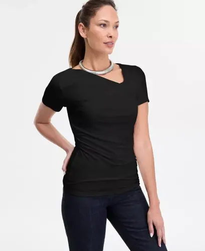 Women's Short Sleeve Asymmetric-Neck Top, Exclusively at Modazone - Deep Black - 1