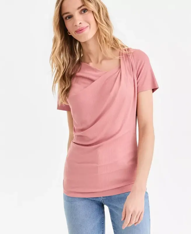 Women's Short Sleeve Asymmetric-Neck Top, Exclusively at Modazone - Desert Sanddune - 1