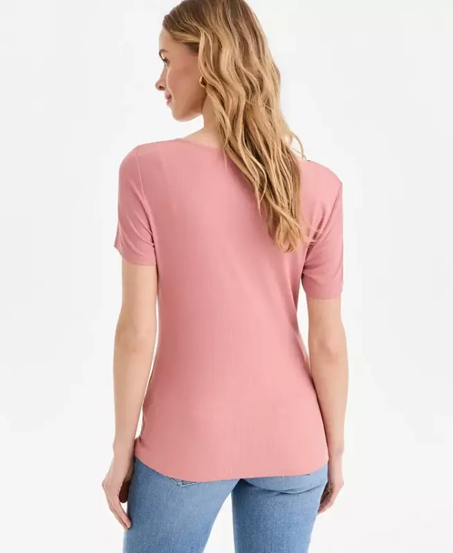 Women's Short Sleeve Asymmetric-Neck Top, Exclusively at Modazone - Desert Sanddune - 2