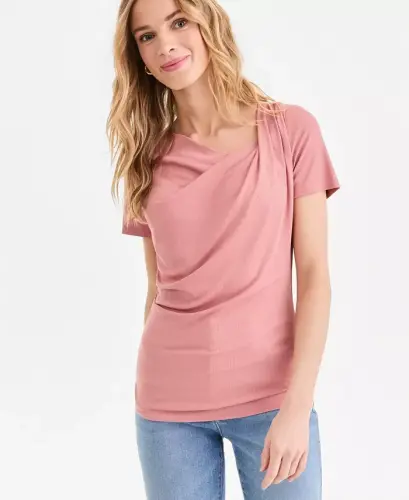 Women's Short Sleeve Asymmetric-Neck Top, Exclusively at Modazone - Desert Sanddune 