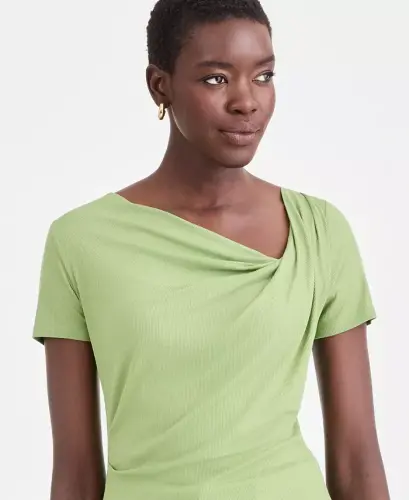 Women's Short Sleeve Asymmetric-Neck Top, Exclusively at Modazone - Sweet Pea - 3