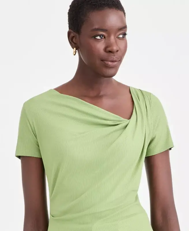 Women's Short Sleeve Asymmetric-Neck Top, Exclusively at Modazone - Sweet Pea - 3