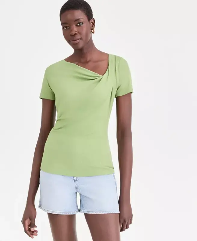 Women's Short Sleeve Asymmetric-Neck Top, Exclusively at Modazone - Sweet Pea - 1