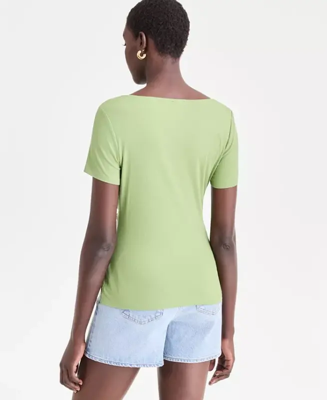Women's Short Sleeve Asymmetric-Neck Top, Exclusively at Modazone - Sweet Pea - 2