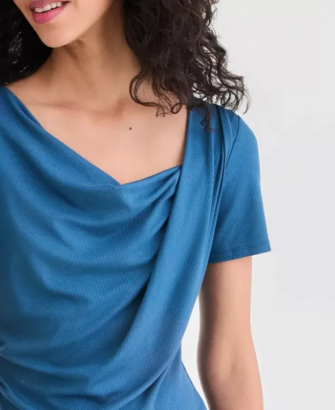 Women's Short Sleeve Asymmetric-Neck Top, Exclusively at Modazone - True Indigo - 2
