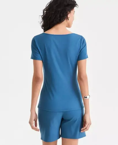 Women's Short Sleeve Asymmetric-Neck Top, Exclusively at Modazone - True Indigo - 3