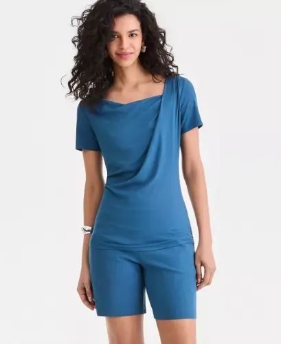 Women's Short Sleeve Asymmetric-Neck Top, Exclusively at Modazone - True Indigo 