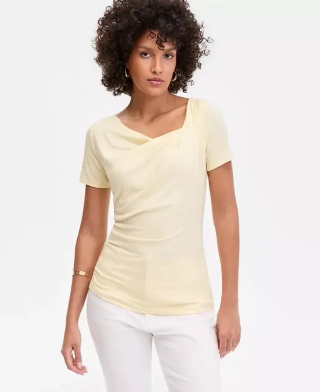 Women's Short Sleeve Asymmetric-Neck Top, Exclusively at Modazone - Yellow Mist - I.N.C. INTERNATIONAL CONCEPTS