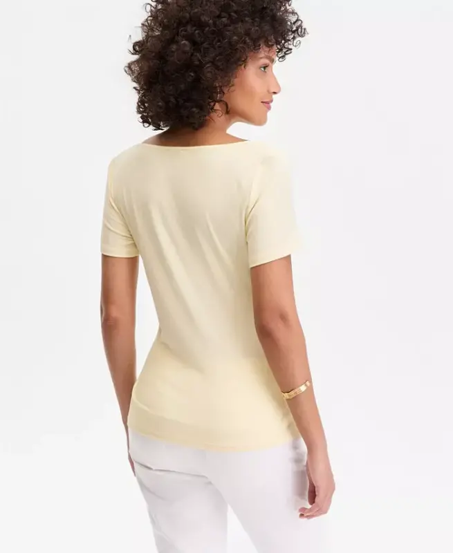 Women's Short Sleeve Asymmetric-Neck Top, Exclusively at Modazone - Yellow Mist - 2