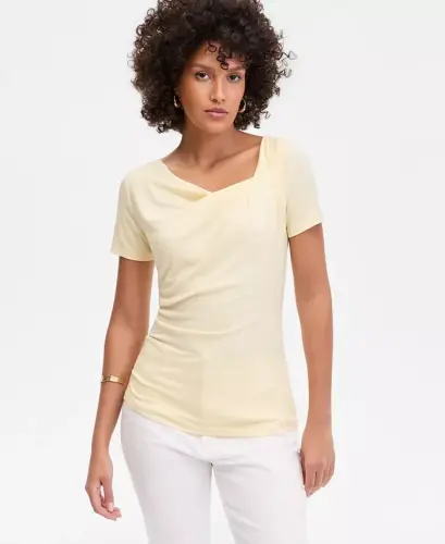Women's Short Sleeve Asymmetric-Neck Top, Exclusively at Modazone - Yellow Mist - 1