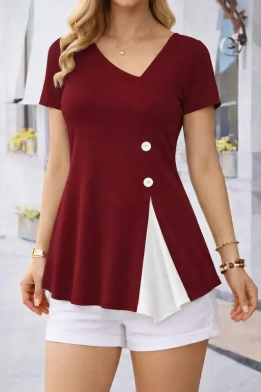 Women's Short Sleeve Asymmetric V-Neck Button Detailed Viscose Blouse - BÜYÜKBEDENIZ