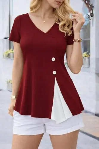 Women's Short Sleeve Asymmetric V-Neck Button Detailed Viscose Blouse - 3