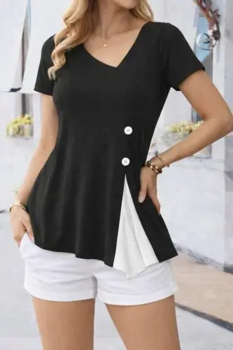 Women's Short Sleeve Asymmetric V-Neck Button Detailed Viscose Blouse - BÜYÜKBEDENIZ (1)