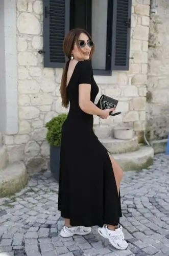Women's Short Sleeve Backless Slit Detail Viscose Dress - 4