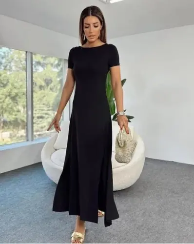 Women's Short Sleeve Backless Slit Detail Viscose Dress - 5