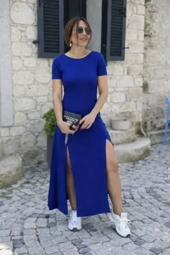 Women's Short Sleeve Backless Slit Detail Viscose Dress - 1