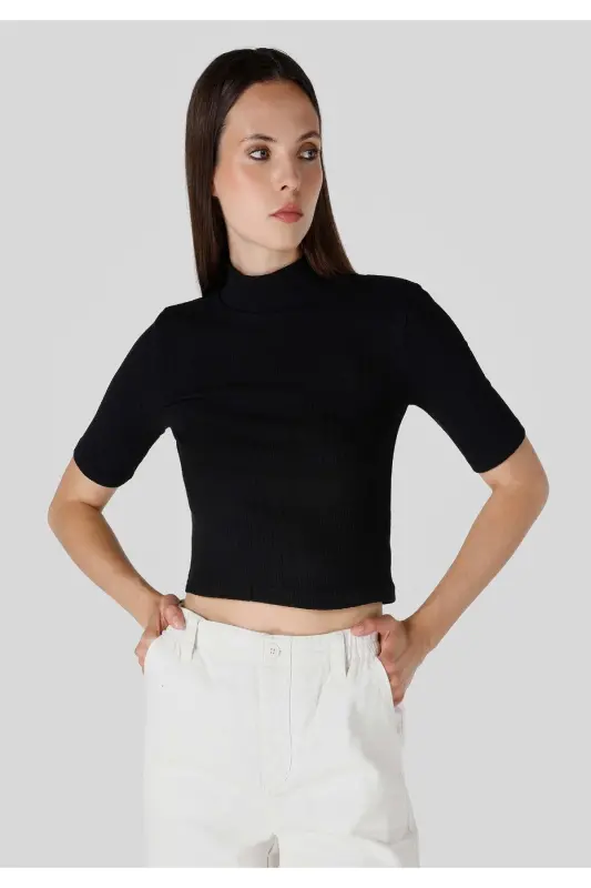 Women's short sleeve, black, crop fisherman neck t-shirt - 1